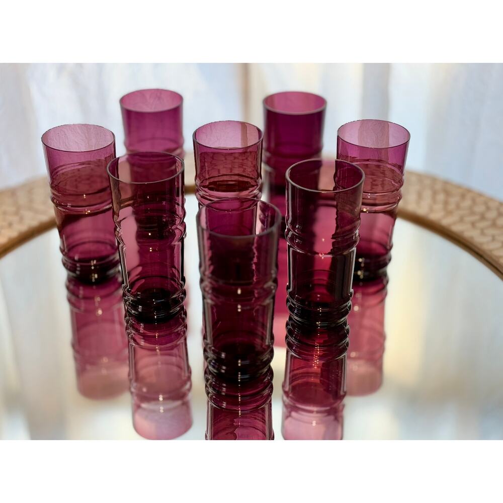 Vintage Amethyst Bamboo Glass Tumblers – Set of 4 – Hand-Blown Purple Glassware